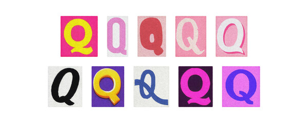 Magazine letter Q cutout tiles collage set on transparent PNG
