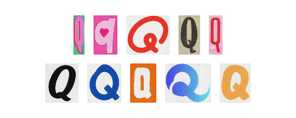 Assorted letter Q glyphs set, uppercase and lowercase, clear PNG
