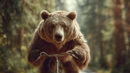 Fototapeta premium brown bear riding a bicycle on a forest path, Daylight with soft shadows