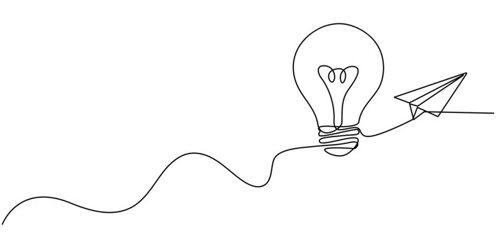 line bulb light lightbulb icon continuous one art doodle outline, sketch line bulb lamp vector journey business idea paper plane education concept single startup design, Paper plane flying up connect