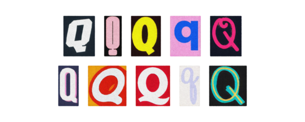 Vintage and modern letter Q tiles, magazine collage, isolated PNG

