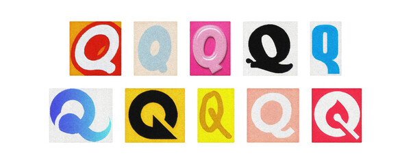 Vintage and modern letter Q tiles, magazine collage, isolated PNG

