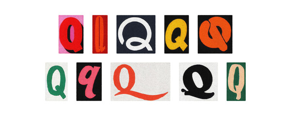 Typography letter Q set in diverse styles, cutouts on transparent PNG
