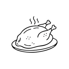 Steaming Roasted Turkey Dinner. Monochrome line art of a hot, freshly prepared festive dish on a platter. Evokes feelings of warmth, comfort, and celebration.