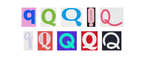 Typography letter Q set in diverse styles, cutouts on transparent PNG

