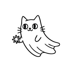 Charming Ghost Cat Illustration. This adorable spirit feline artwork portrays a whimsical specter holding a magical spark. Evokes playful mystery and sweet enchantment.