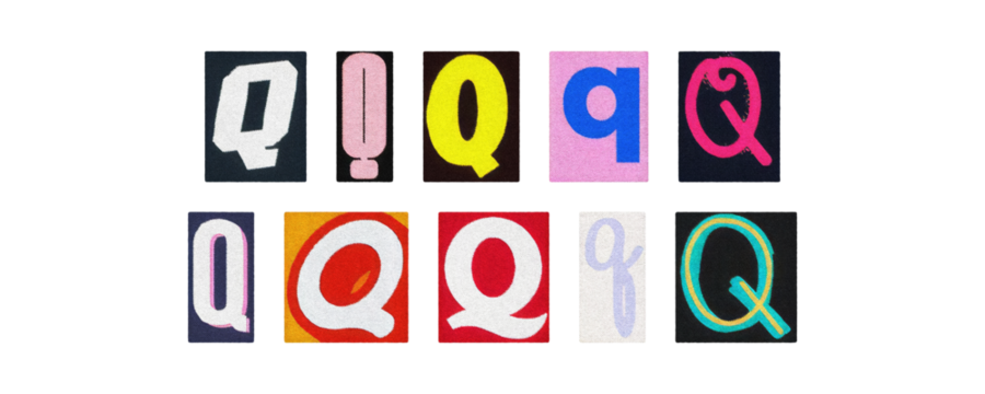 Vintage and modern letter Q tiles, magazine collage, isolated PNG
