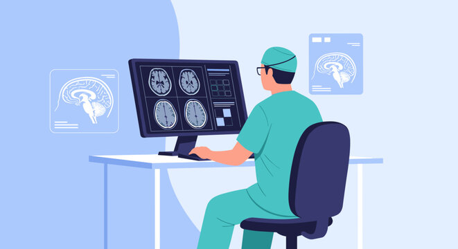 Medical professional analyzing brain scans on a computer screen for diagnosis and treatment planning.
