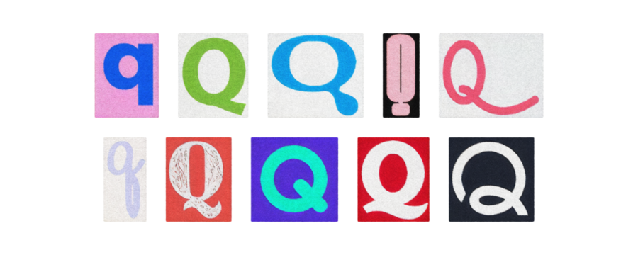 Typography letter Q set in diverse styles, cutouts on transparent PNG
