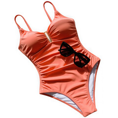 Stylish coral one piece swimsuit with sunglasses isolated on transparent background