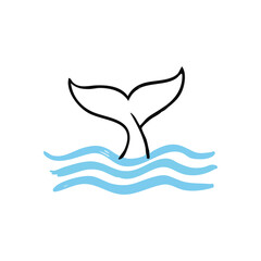 Whale Tail Above Blue Ocean Waves. A cute outline drawing of a dolphin fin splashing in serene aqua waters. Represents tranquility, freedom, and aquatic nature.