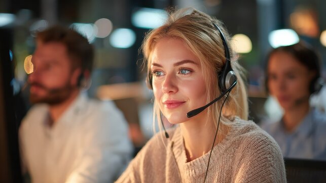 young employee working with a headset and accompanied by her team no logos no brands ar 169