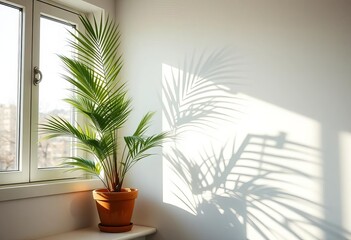 Obraz premium Sunlight streams through window, illuminating a potted green plant casting a palm-like shadow on a white wall, botany, white background