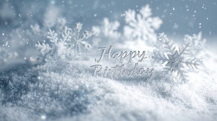 a soft snowy winter wonderland birthday theme with delicate snowflakes and happy birthday in frosty lettering