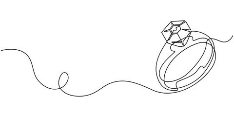 Continuous line drawing, Wedding rings, Black isolated on white background, Hand drawn vector illustration, Wedding ring line art style vector illustration, Wedding rings continuous one line drawing. 