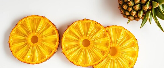 Three dehydrated yellow pineapple slices on white, overhead,  summer,  yellow