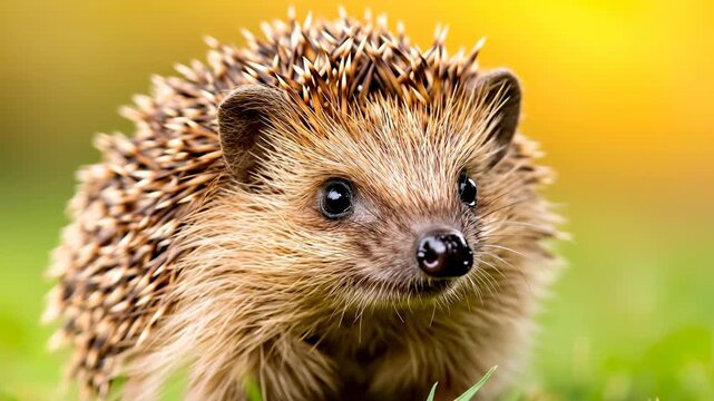 Beautiful hedgehog exploring green grass. A hedgehog wanders through vibrant green grass under sunny skies, showcasing its sharp spines and curious eyes.