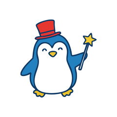 Cute Penguin Magician with Star Wand. An adorable arctic bird illustration, wearing a distinguished red headwear and holding a shimmering enchantment stick. This whimsical character radiates joy,.