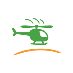 Green Helicopter Flight Symbol. This vibrant emerald aircraft ascends above an orange horizon, conveying rapid mobility, safety, and eco-conscious transport. Represents efficient aerial services.