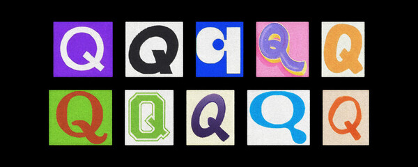 Assorted letter Q typography styles, paper cutouts on black background
