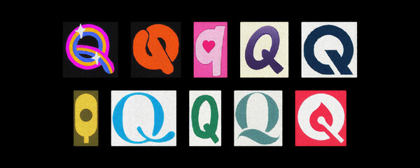 Assorted letter Q typography styles, paper cutouts on black background
