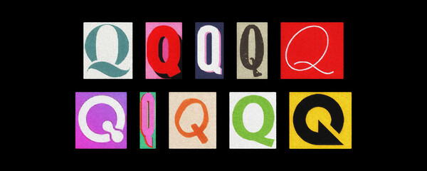 Assorted letter Q typography styles, paper cutouts on black background

