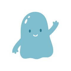 Friendly Blue Ghost Character Waving. This adorable graphic depicts a genial phantom in a pale azure hue, extending a welcoming hand. It symbolizes warmth and friendliness for various cheerful.