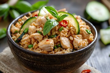 Thai Chicken Fried Rice with Basil, Chili, and Cucumber in a dark rustic bowl.