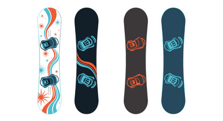 A collection of four different snowboards with unique designs and bindings for winter sports.