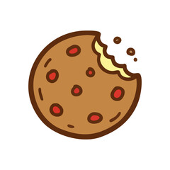 Delicious Bitten Chocolate Chip Cookie. This delightful round biscuit features sweet speckles, with a playful bite taken out. It evokes warmth, comfort, and a moment of indulgent pleasure.