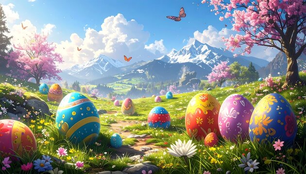 Springtime Easter eggs in a valley - Powered by Adobe