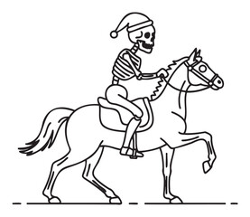 Skeleton riding a horse in santa hat: festive and humorous illustration - stock vector