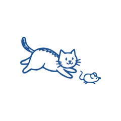 Playful Kitty Chasing Little Rodent. Adorable feline eagerly pursuing a tiny creature. This charming illustration conveys joy, natural instincts, and harmless fun between animals.
