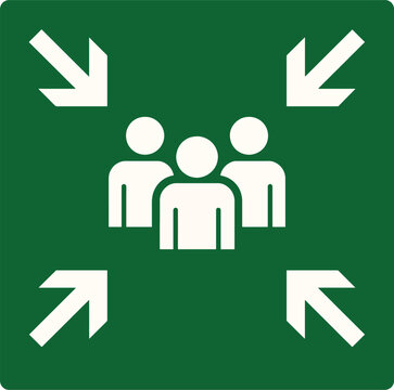 Fire assembly point sign symbol people arrows safety evacuation emergency meeting gathering isolated on white background