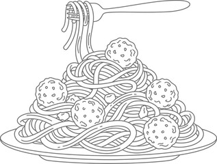 Spaghetti and Meatballs with Fork Coloring Page - Classic Italian Dish Outline for Foodies