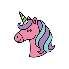 Magical Unicorn Head Doodle Art. Vibrant mythical creature sketch, showcasing a pink mare with flowing pastel mane. Its closed eyes convey tranquility and youthful wonder.