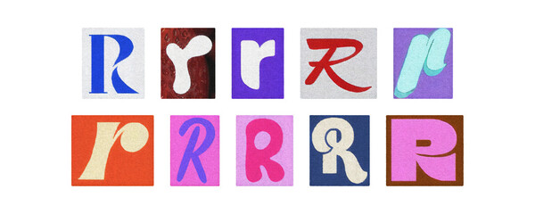 Magazine letter R cutout tiles collage set, colorful on transparent PNG
