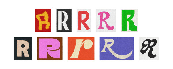 Colorful letter R collage from magazine clippings, isolated transparent PNG
