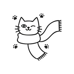 Cute Kitten Winking, Footprints. Sweet cartoon feline wearing a snug wrap, playfully blinking, surrounded by tiny animal prints. Evokes feelings of warmth and cheerful winter.