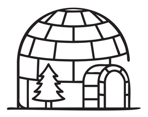 Black and white outline of an igloo with pine tree illustration - stock vector