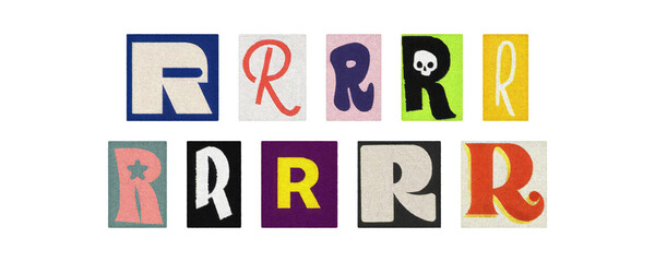 Vintage and modern letter R tiles, magazine collage on transparent PNG
