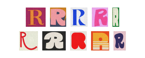 Typography letter R set in diverse styles, cutouts on transparent PNG
