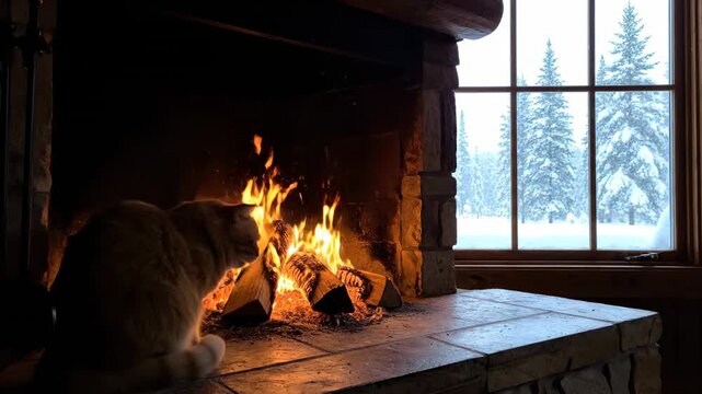 Cozy cat by the fire during winter. A cat watches flames dance in a stone fireplace while snow blankets the outside landscape in winter.