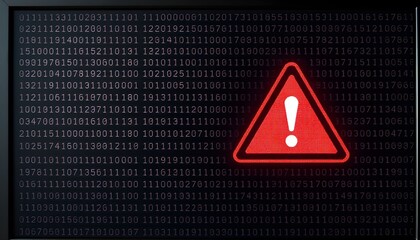 A glowing red triangular warning sign with an exclamation mark symbolizing a system error or cybersecurity threat over a dark screen of binary code.