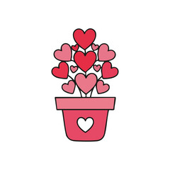 Growing Love Hearts Plant Pot. This charming graphic depicts a small vessel nurturing numerous crimson and rosy heart symbols. It represents burgeoning affection and deep devotion.