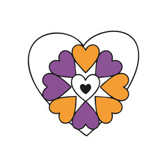 Vibrant Heart Bloom Symbol. This lovely graphic depicts a concentric arrangement of orange and purple love motifs. It symbolizes unity, collective affection, care, and strong bonds.