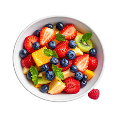 Bowl of Fresh Mixed Fruit Salad with Strawberries and Blueberries, Top View, Isolated on Transparent Background