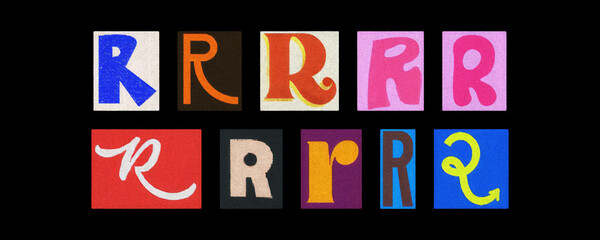 Colorful letter R tiles from magazines, collage against black background
