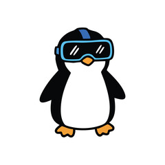 Penguin in Virtual Reality Goggles. An adorable arctic bird dons a high tech headset, playfully exploring digital worlds. Represents curiosity and immersion in new experiences.