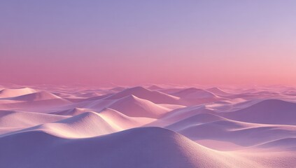 Soft, pastel-hued undulating snow dunes stretch to a pink and purple horizon under a serene, clear sky
